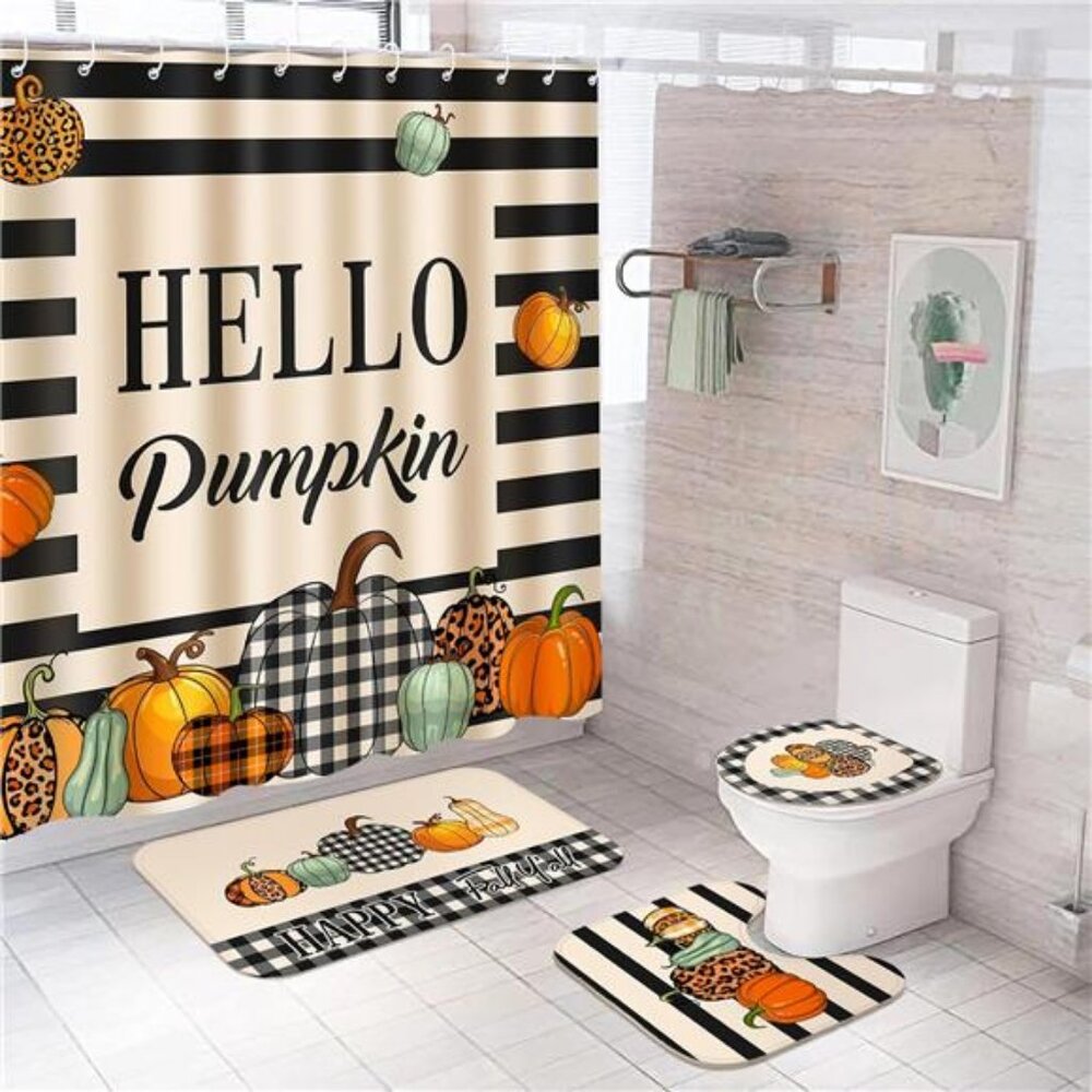 Preboun 4 Pcs Fall Pumpkin Shower Curtain Set 72" Autumn Farmhouse Bathroom